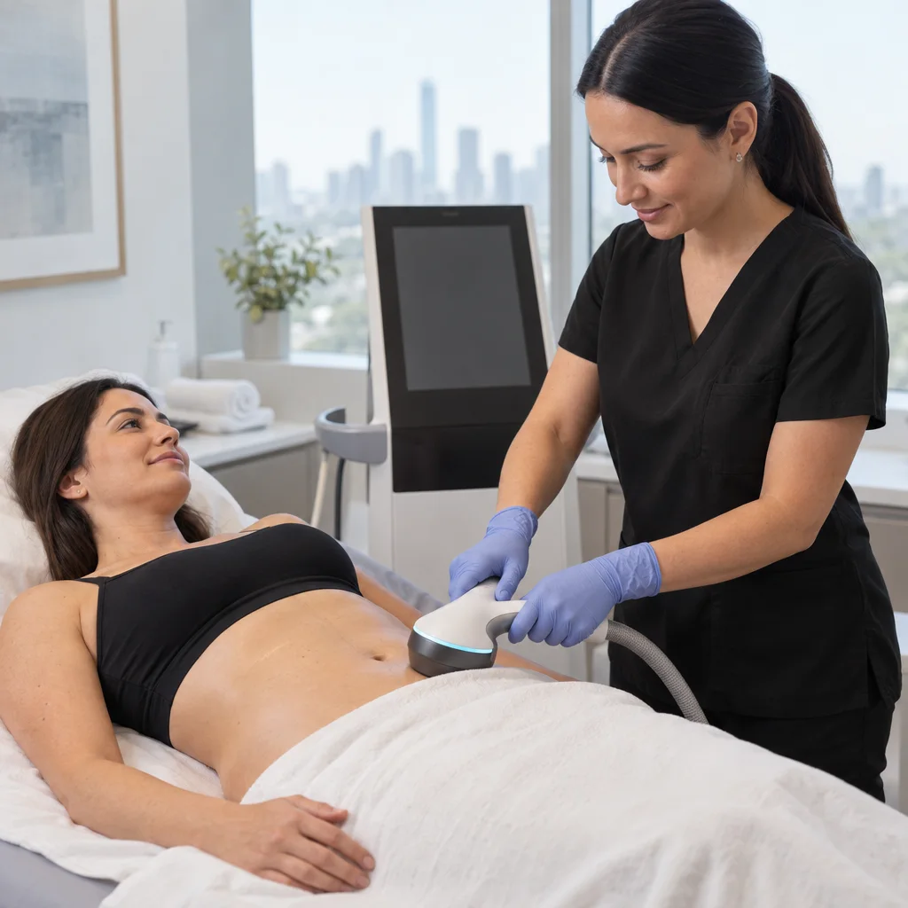 A medical professional wearing gloves uses a handheld device on a woman's abdomen in a clinic room.
