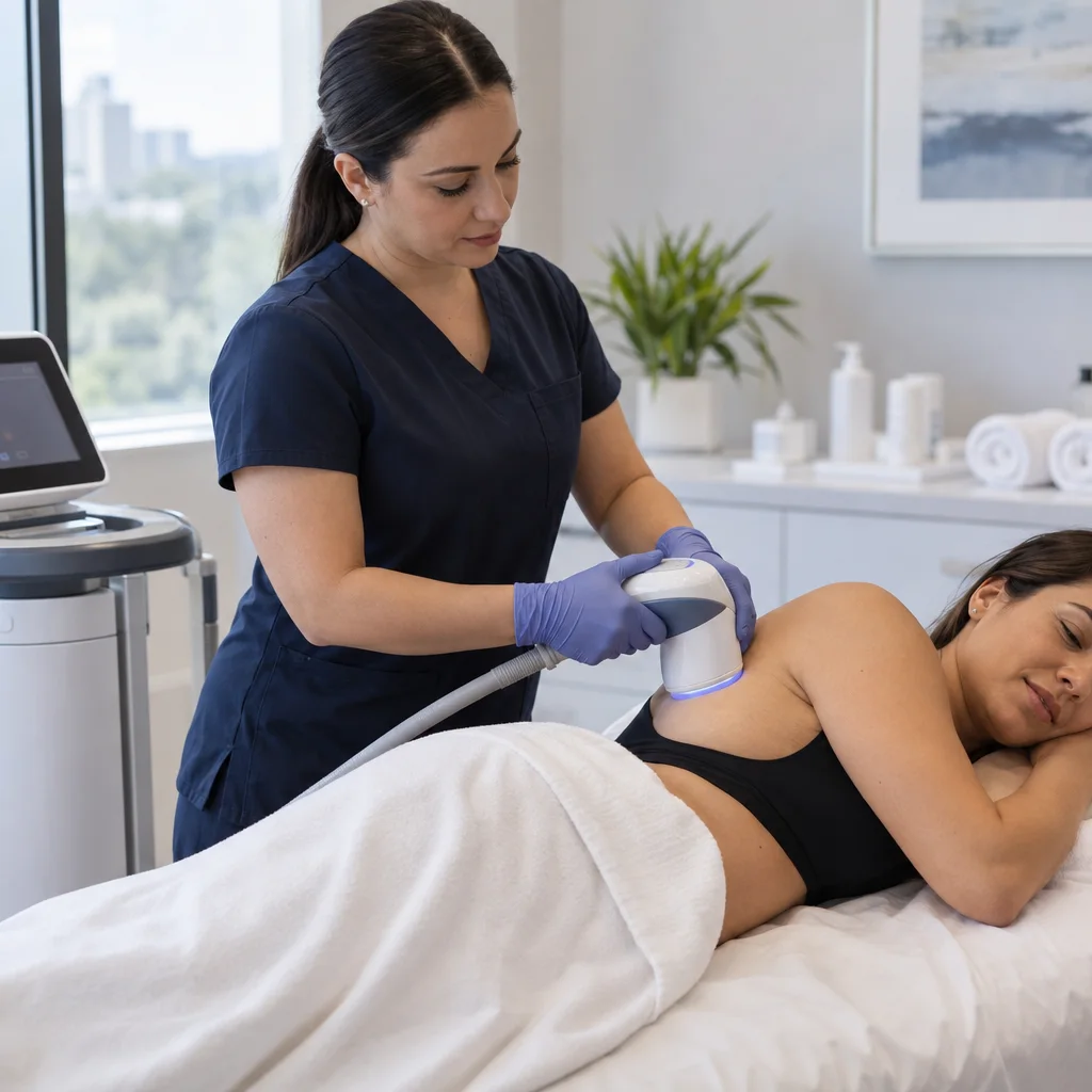 A woman in scrubs performs a body treatment using a handheld device on a client lying on a bed covered with a white towel.