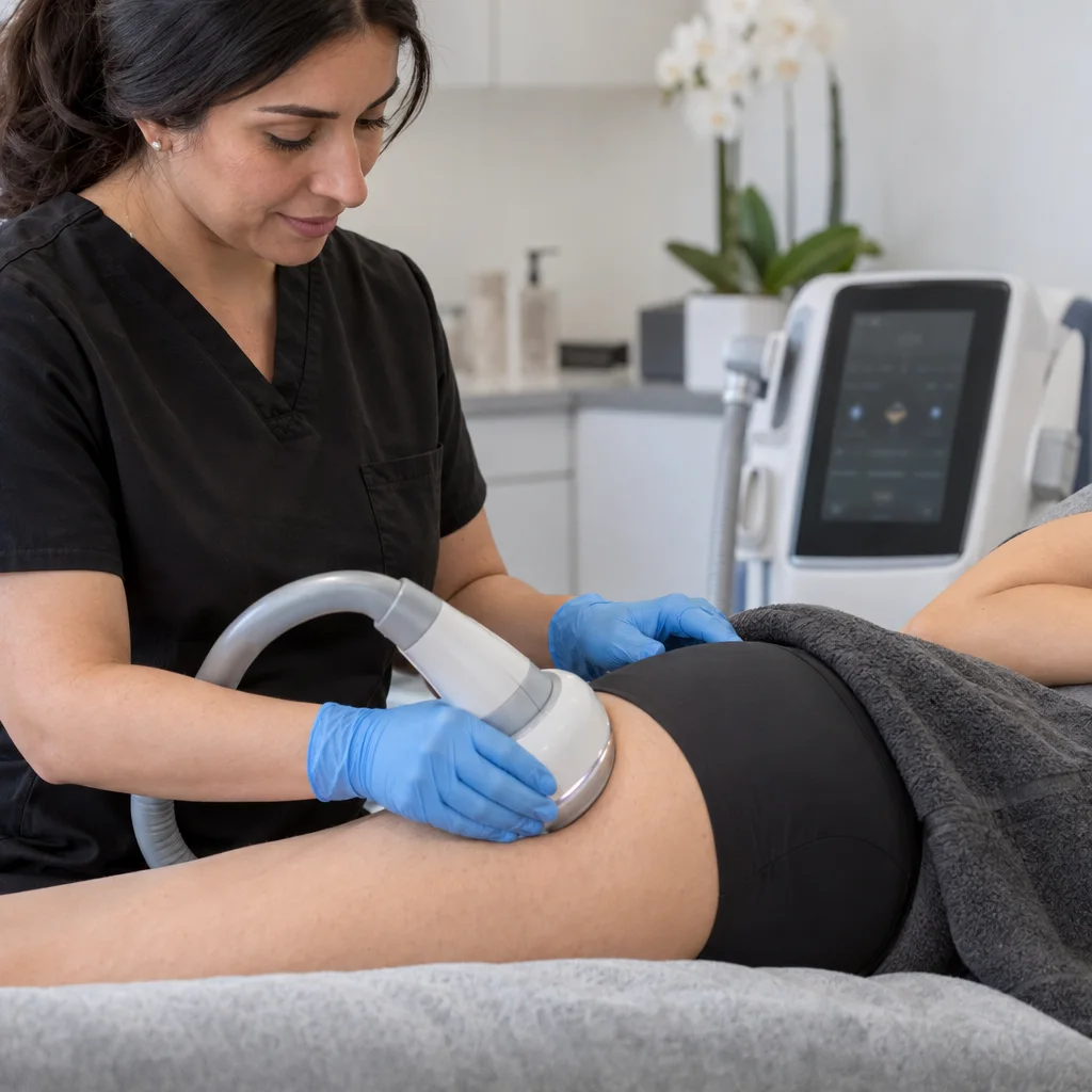 A woman in black scrubs uses a handheld device on a patient's thigh in a clinic setting.