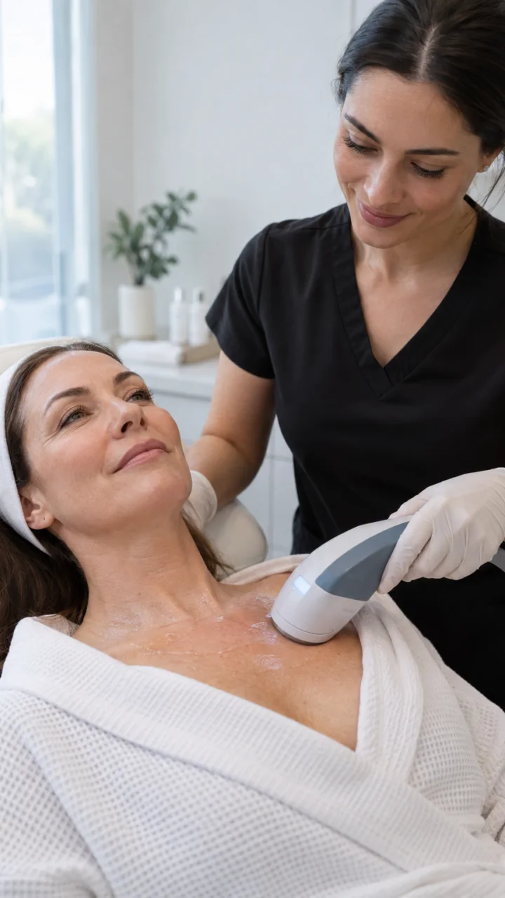 A woman in a white robe receives a skin treatment on her chest from a technician in black scrubs using a handheld device.