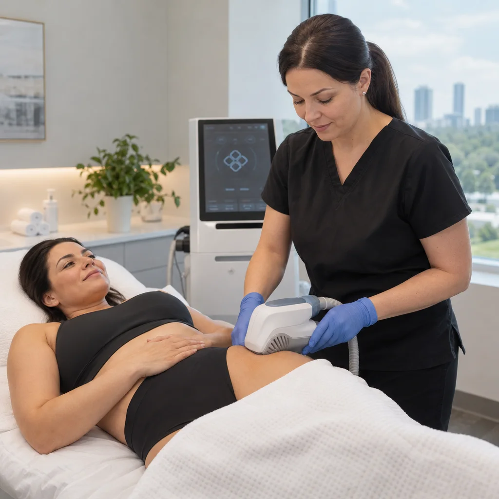 A woman in black scrubs uses a medical device on the abdomen of a woman lying on a treatment bed in a clinic.