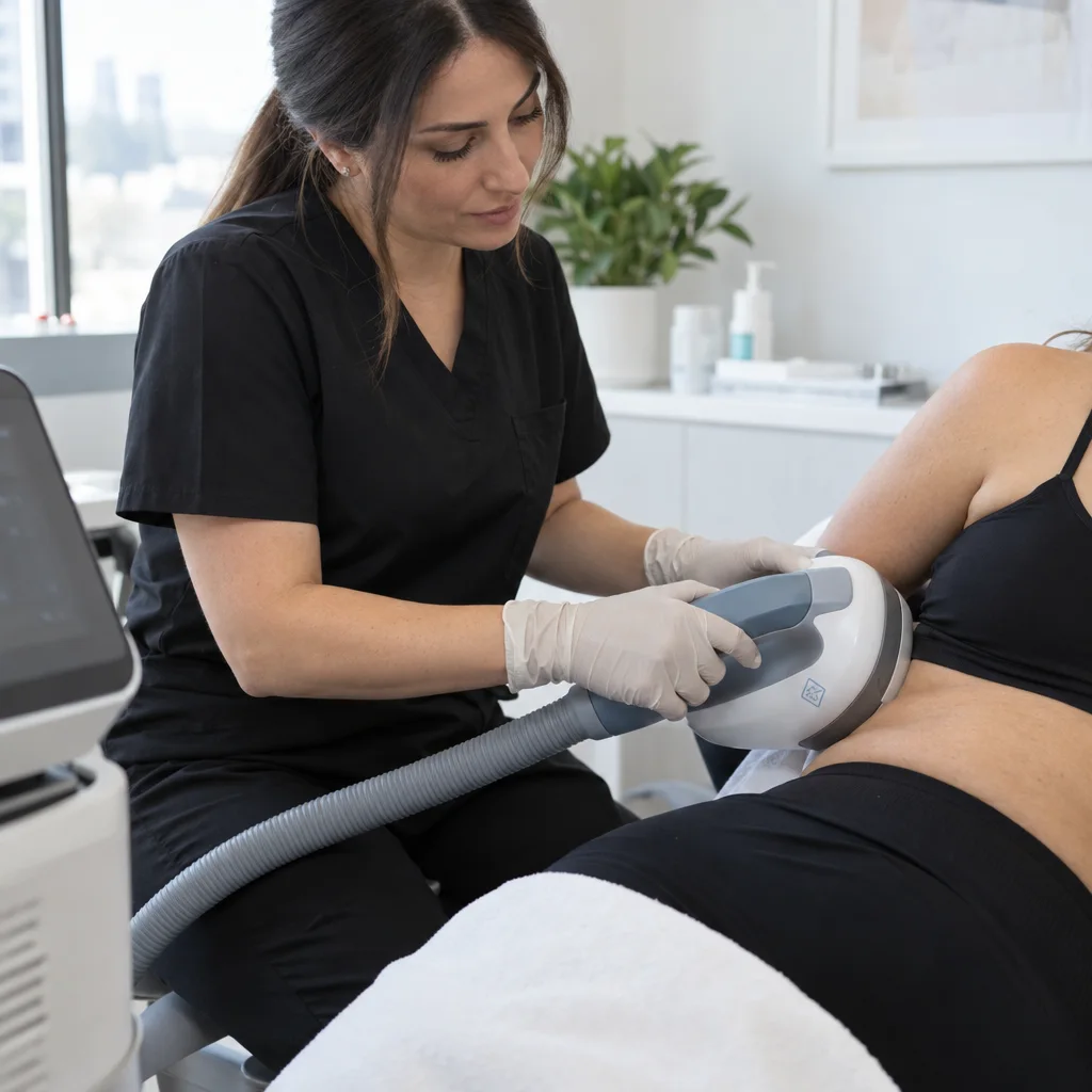 Clinic worker in black scrubs performing a treatment on a patient's side using a handheld device.