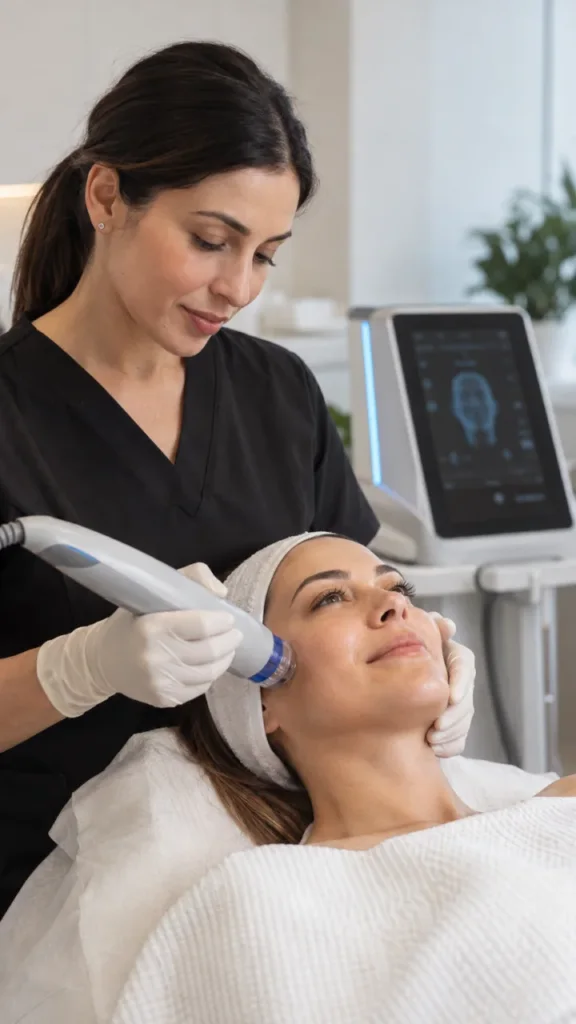 A gloved practitioner uses a handheld device on a woman's face in a clinical setting.