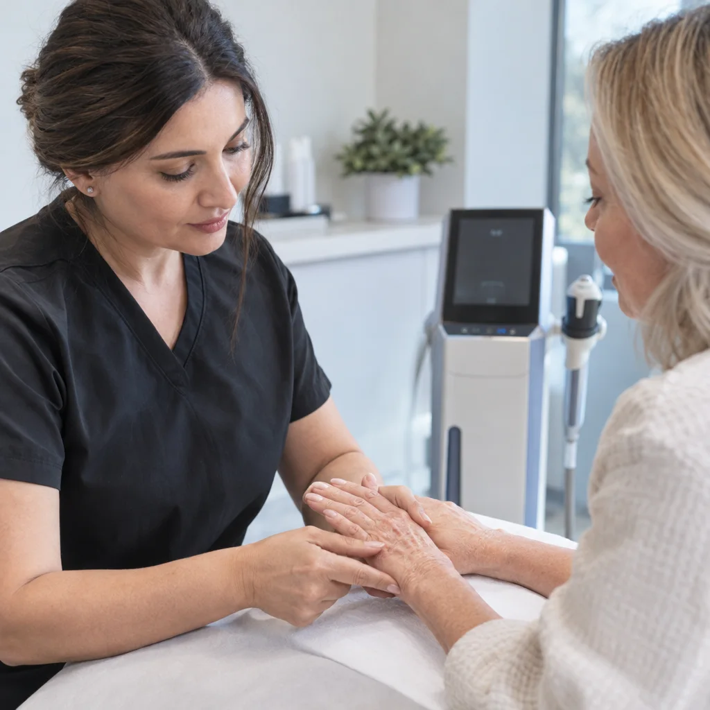 A healthcare professional in black scrubs examining an older woman's hands in a clinical setting.