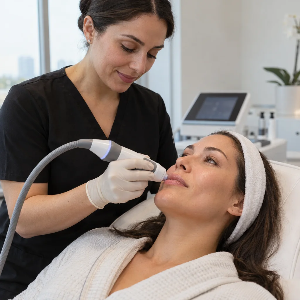 A skincare specialist in gloves uses a handheld device on a woman's lips in a clinic setting.