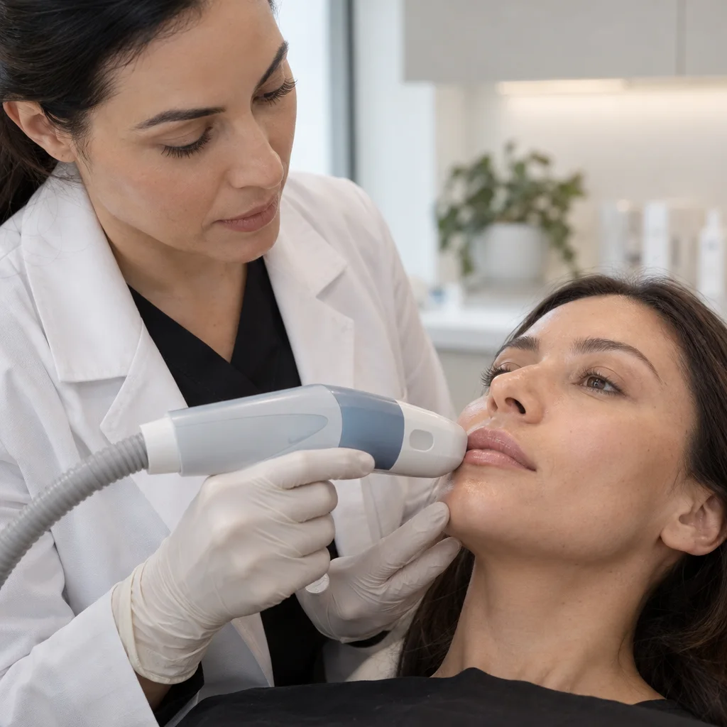 A medical professional in gloves uses a handheld device on a woman's chin in a clinical setting.