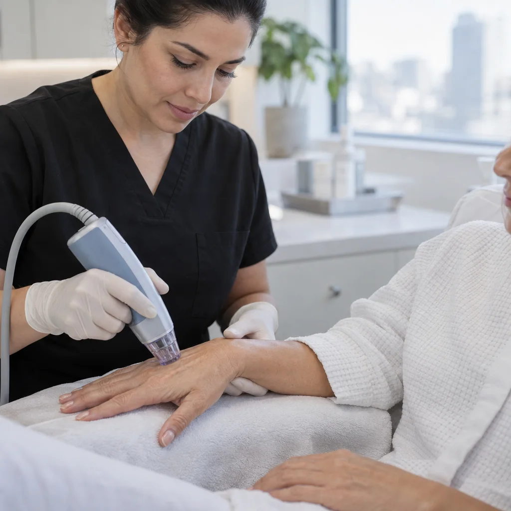 A clinician in black scrubs using a handheld device on a patient's hand in a bright clinic setting.