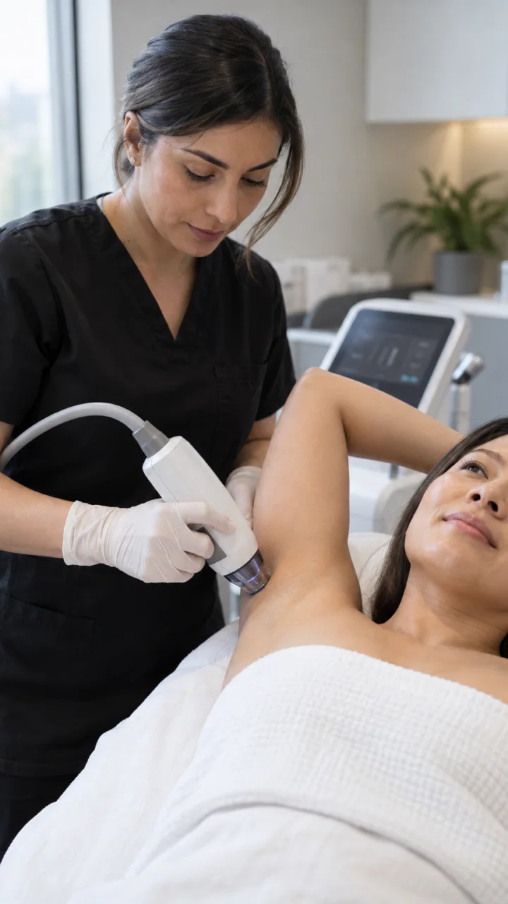 A clinic professional wearing gloves performs a laser treatment on a woman's underarm while she lies covered in a towel.