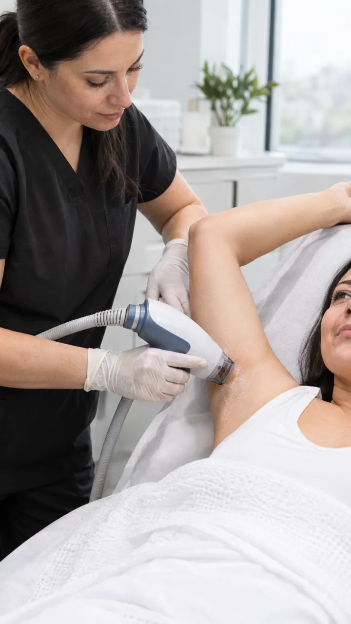 A woman receiving a laser hair removal treatment on her armpit from a technician wearing gloves in a clinic.