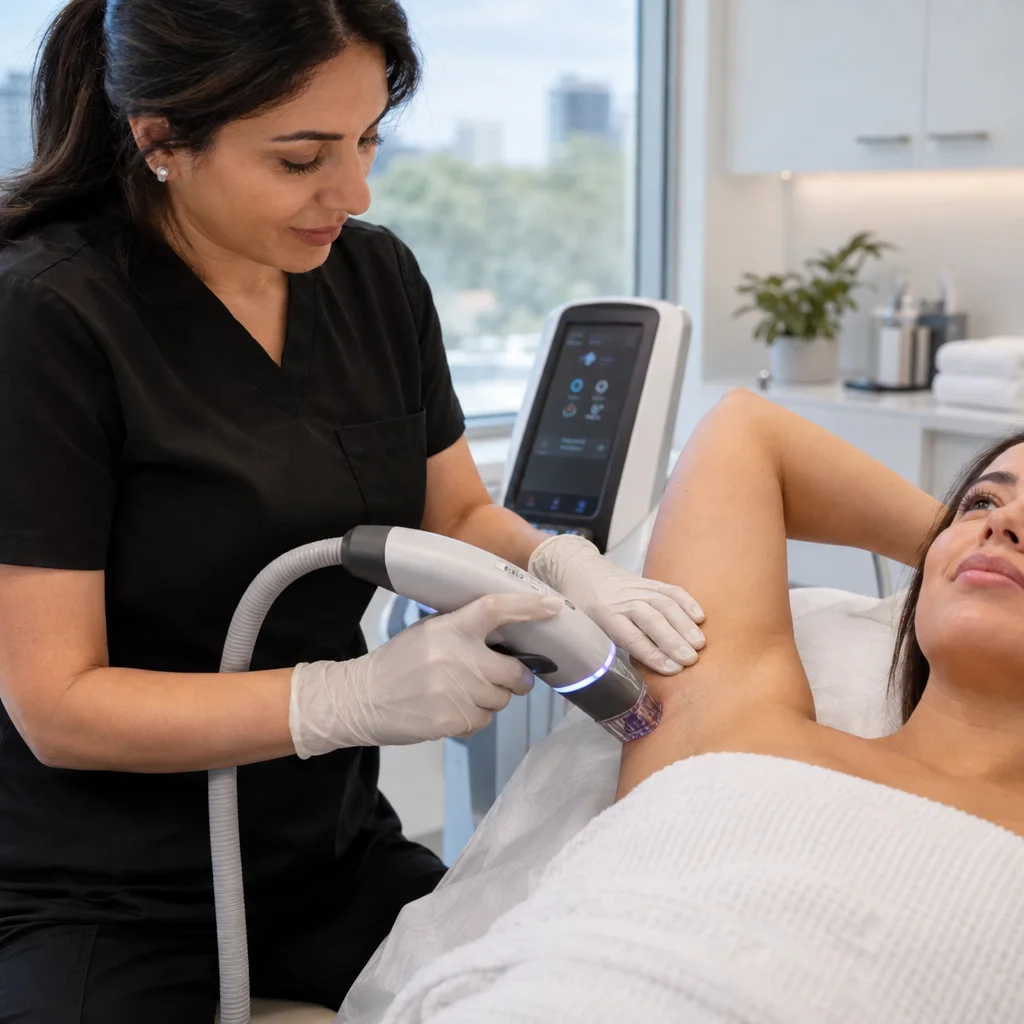A nurse in black scrubs performs laser hair removal on a patient’s underarm in a bright clinic room.