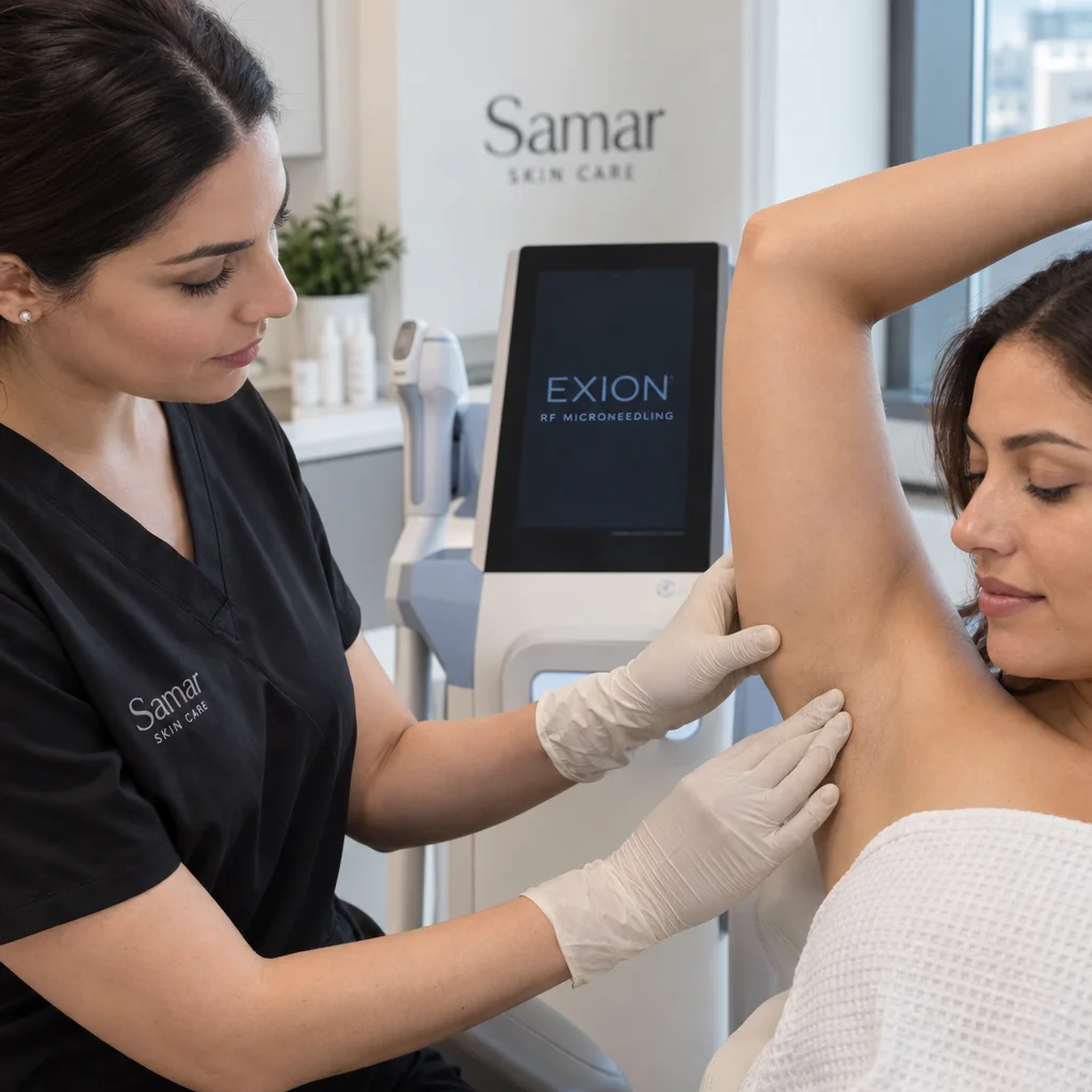 Clinic worker wearing gloves examining a patient's raised underarm in a skincare treatment room.